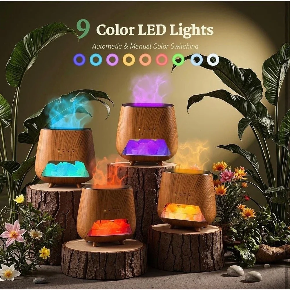 4-in-1 Wood Grain Aroma Diffuser and Himalayan‎ Salt Lamp with Flame Effect Mist